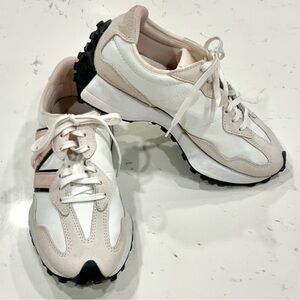 NEW BALANCE Women’s 327 Sneaker White with Pink & Black Accents Sz. 8  Preowned